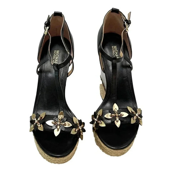 Michael Kors Heidi Womans Shoes Size 7.5 M Wedge Black Gold Juet  Platform - Picture 1 of 10